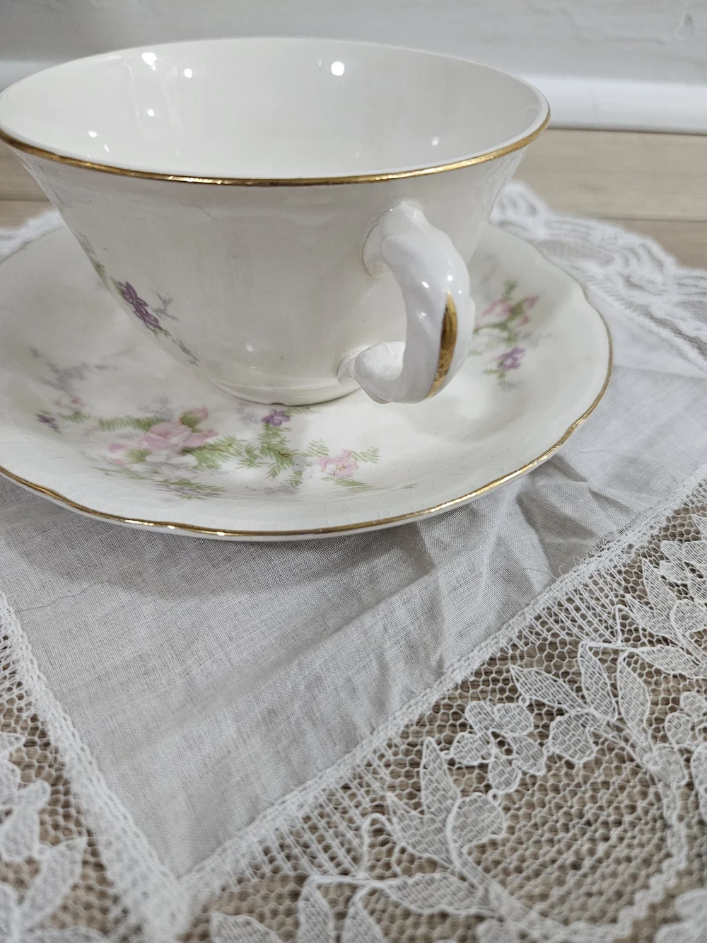 French Saxon China 22 kt Gold Floral Teacup & Saucer